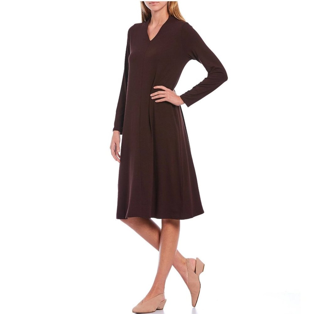 Eileen Fisher Women's Brown V-Neck Calf Length Dress Size Small Long Sleeve - Picture 2 of 12